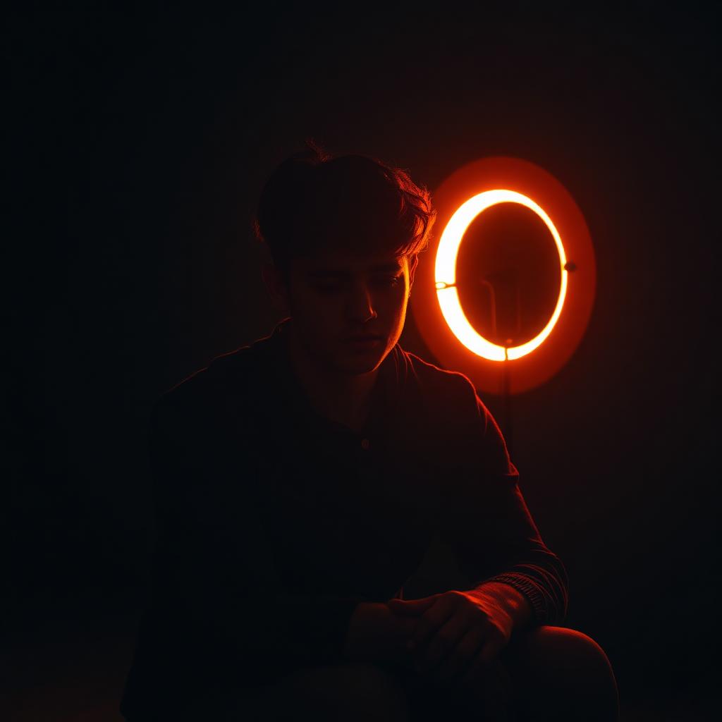 Exhausted creator alone in front of a ring light at night