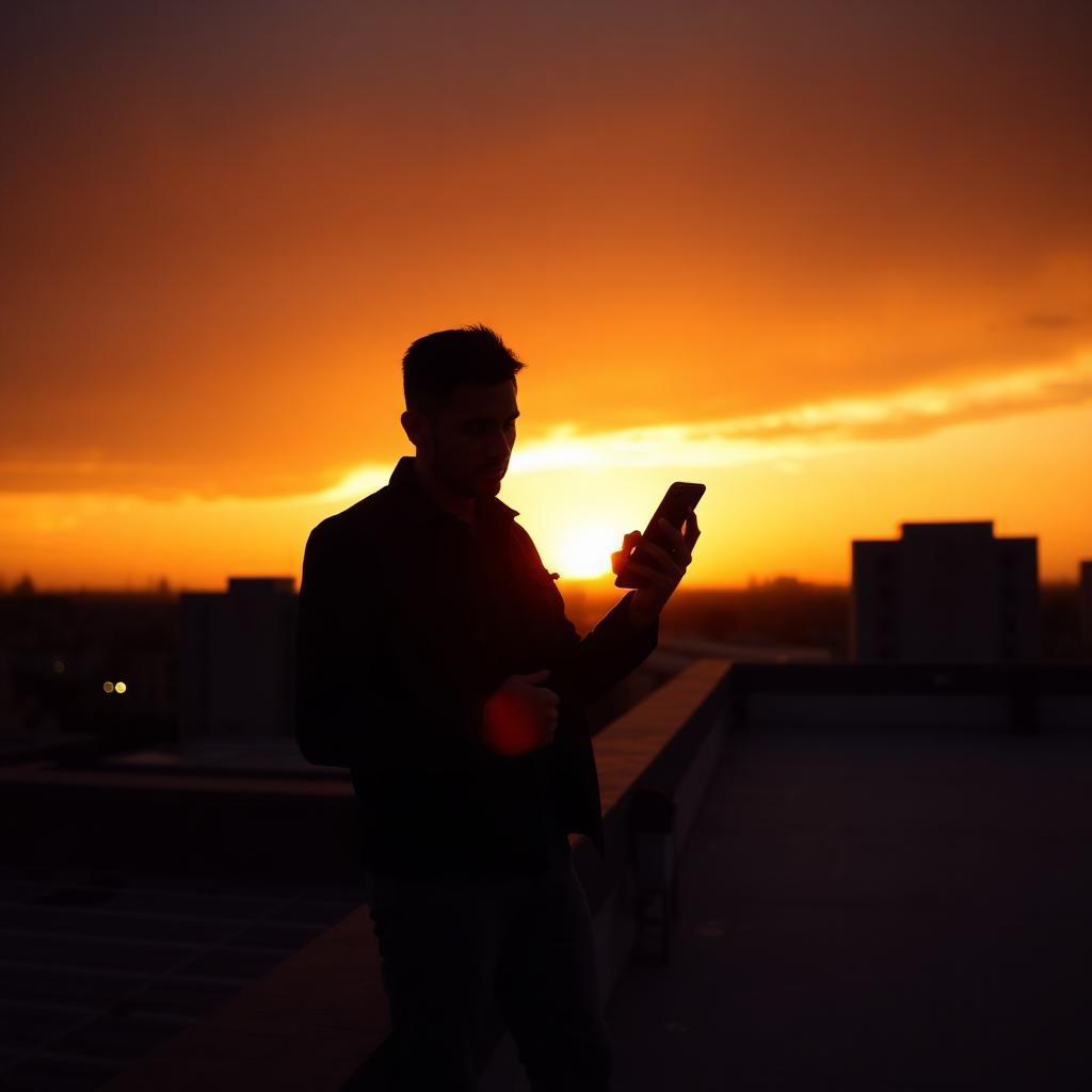 Creator silhouette against fire orange sunset, checking phone